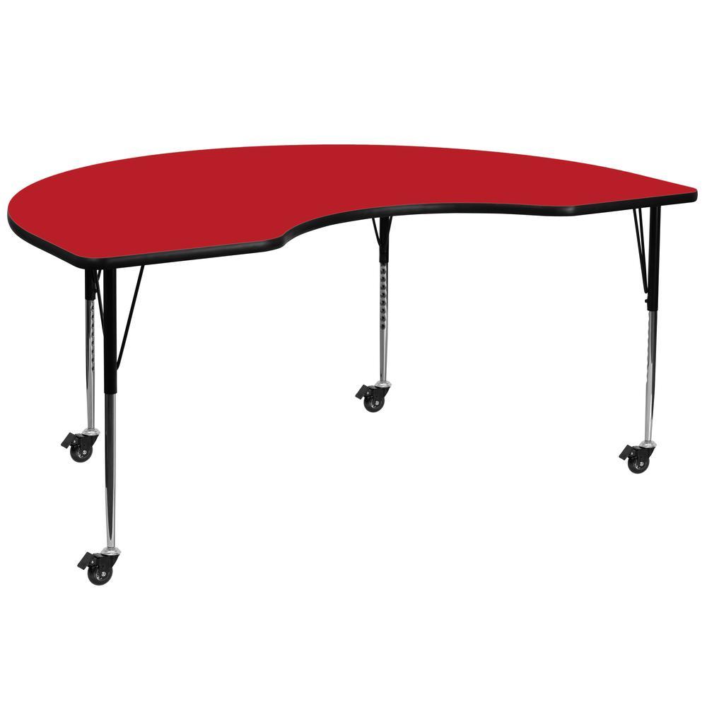 Flash Furniture Mobile 48''W x 72''L Kidney Red HP Laminate Activity Table - Standard Height Adjustable Legs