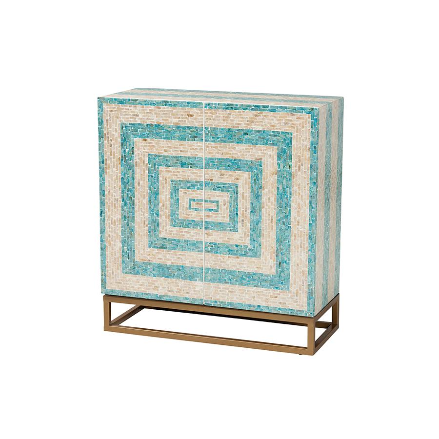 Baxton Studio Utari Modern Bohemian Mosaic Beige/Blue Mother of Pearl Storage Cabinet
