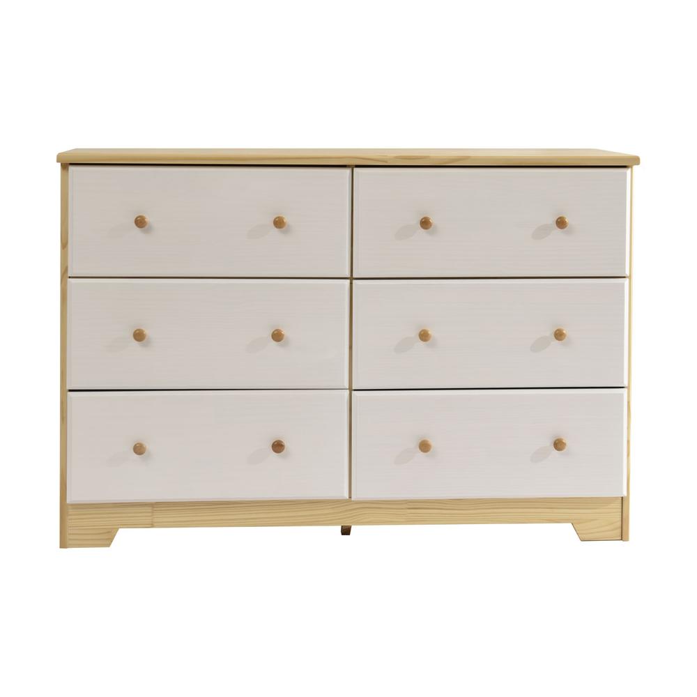 Better Homes Better Home Products Solid Pine Wood 6 Drawer Double Dresser in Natural & White.