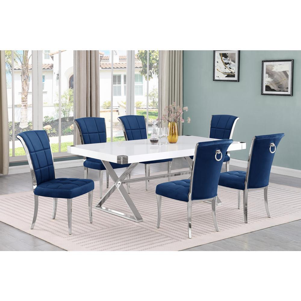 Best Quality Furniture 7pc Small(78") white wood top dining set with silver base and 6 Navy side chiars