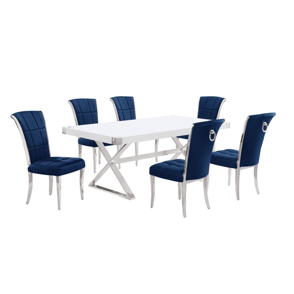 Best Quality Furniture 7pc Small(78") white wood top dining set with silver base and 6 Navy side chiars