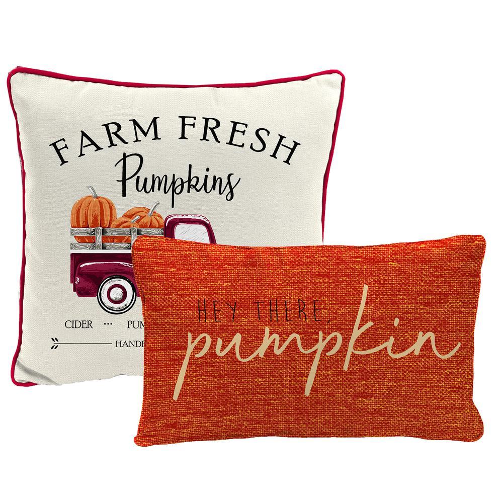 Jordan Manufacturing Co., Inc. Orange Pumpkin and Cream Truck 2-Piece Autumn Outdoor Throw Pillow Set