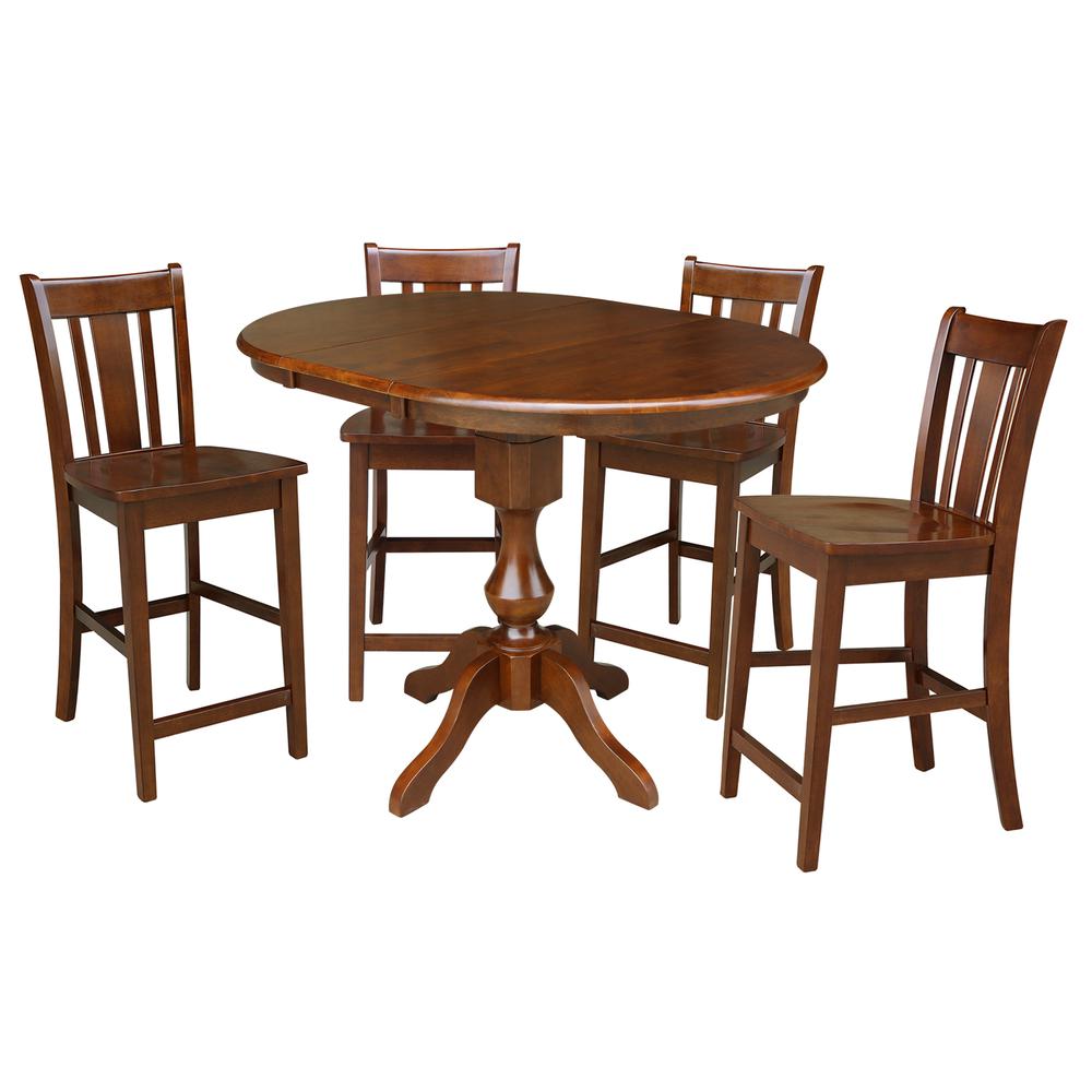 International Concepts 36" Round Extension Dining Table 34.9"H With 4 Rta Counter height Stools, Espresso