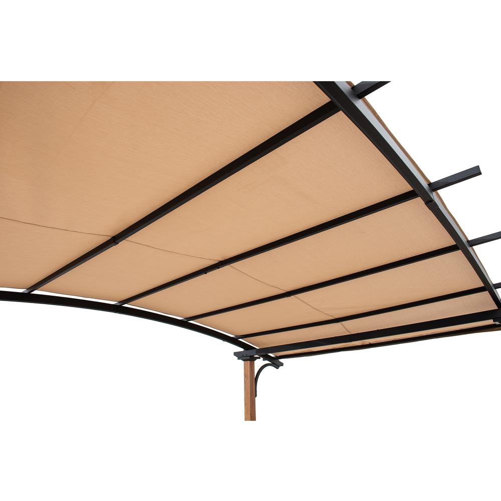Sunjoy Steel Arched Metal Pergola with Natural Wood Looking Finish and Tan Shade