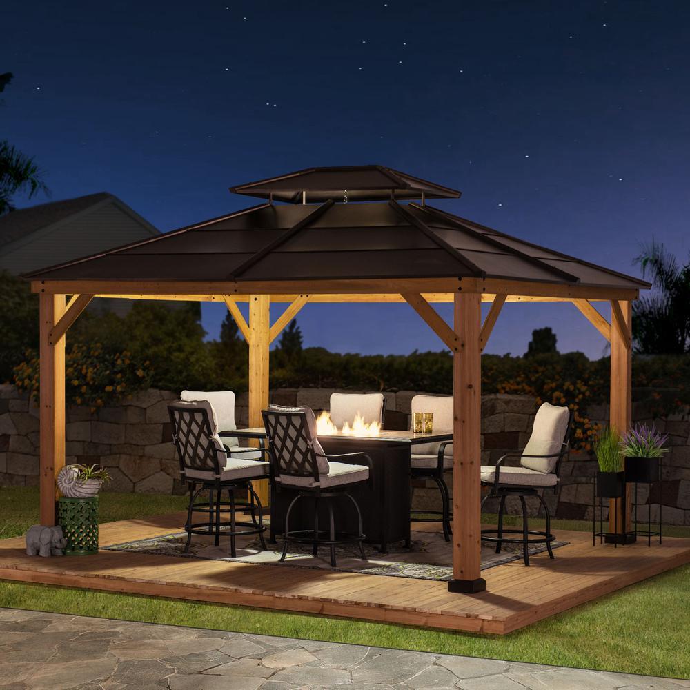 Sunjoy Outdoor Patio Cedar Framed Gazebo with Double Steel Hardtop Roof for Garden