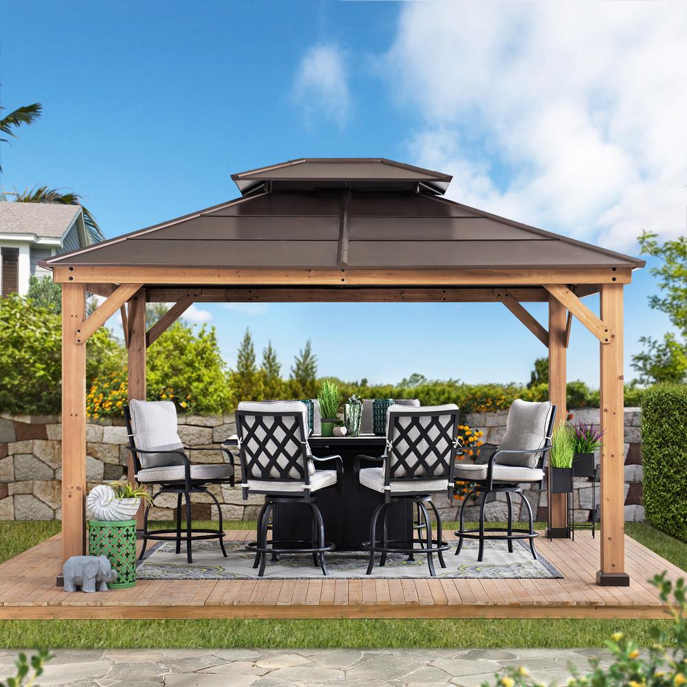 Sunjoy Outdoor Patio Cedar Framed Gazebo with Double Steel Hardtop Roof for Garden