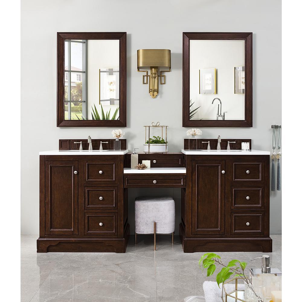 James Martin Vanities 82" Double Vanity Set, Burnished Mahogany w/ Makeup Table, Solid Surface Top