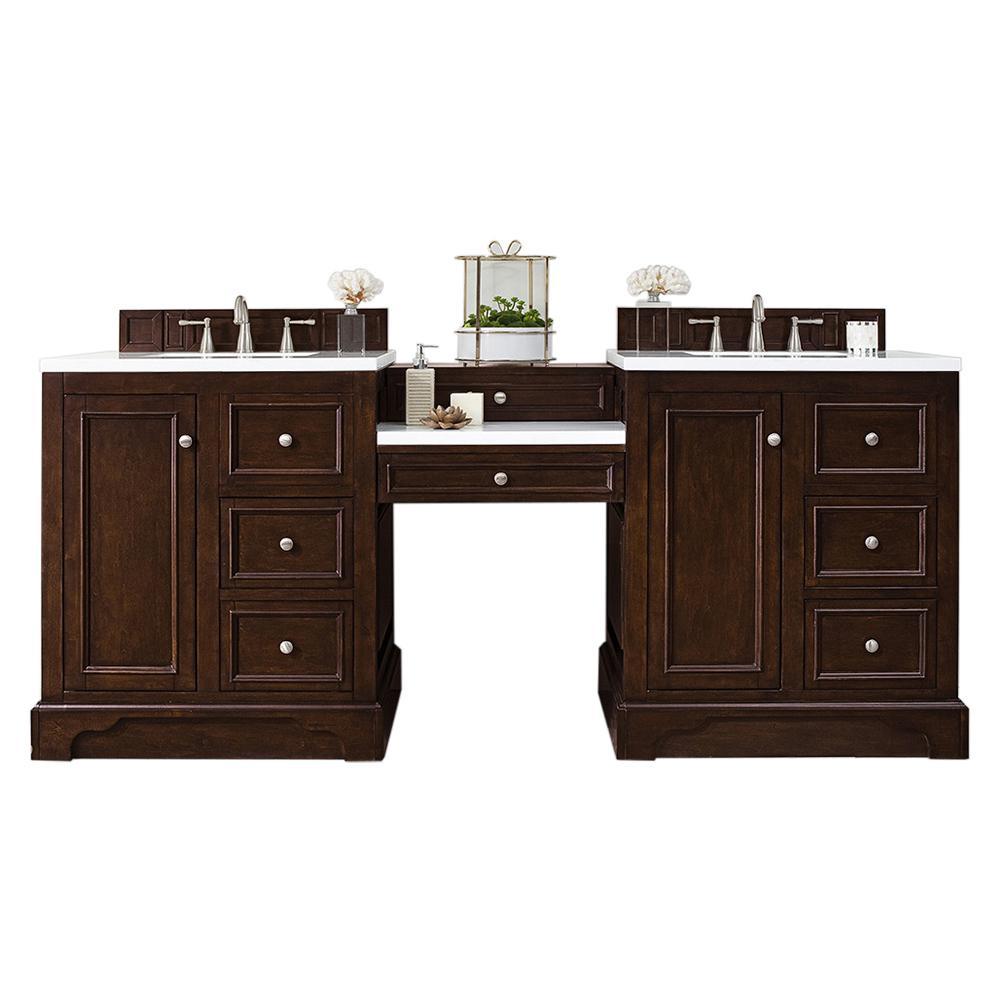 James Martin Vanities 82" Double Vanity Set, Burnished Mahogany w/ Makeup Table, Solid Surface Top