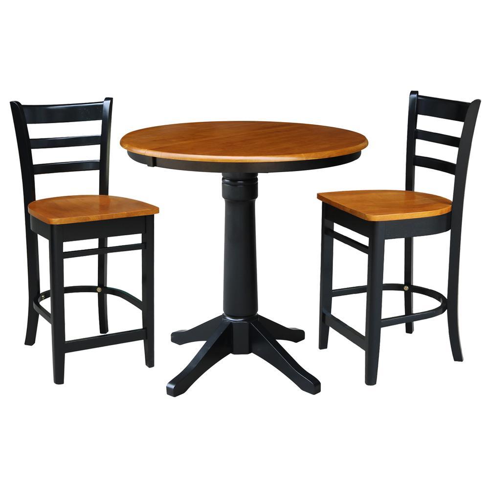 International Concepts 36" Round Counter Height Extension Dining Table with 12" Leaf and 2 Emily Counter Height Stools - 3 Piece Set, Black / Cherry