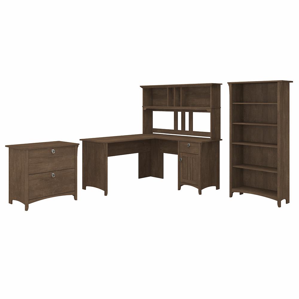 Bush Furniture Salinas 60W L Shaped Desk with Hutch, Lateral File Cabinet and 5 Shelf Bookcase, Ash Brown