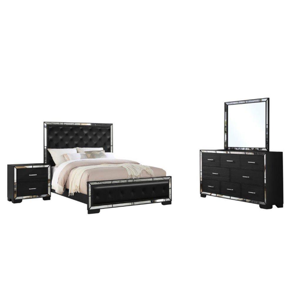 Reve & Belle Anzell 4pc Queen Bedroom Set with Mirror Trim, Black