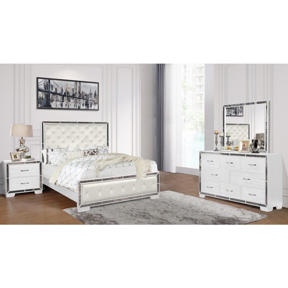 Reve & Belle Anzell 4pc Queen Bedroom Set with Mirror Trim, White