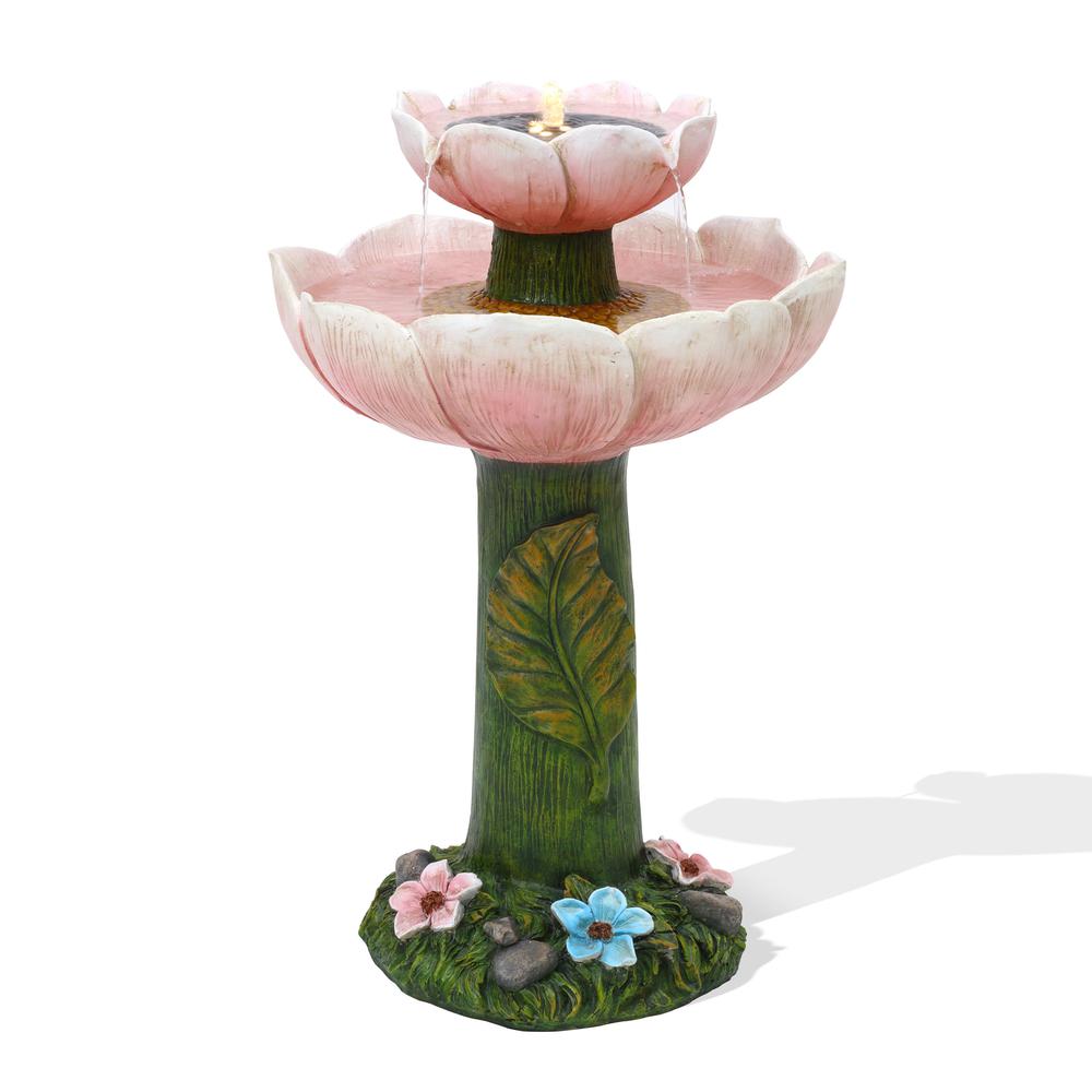 LuxenHome Solar Powered Pink Flower 2-Tier Resin Birdbath Fountain with Lights
