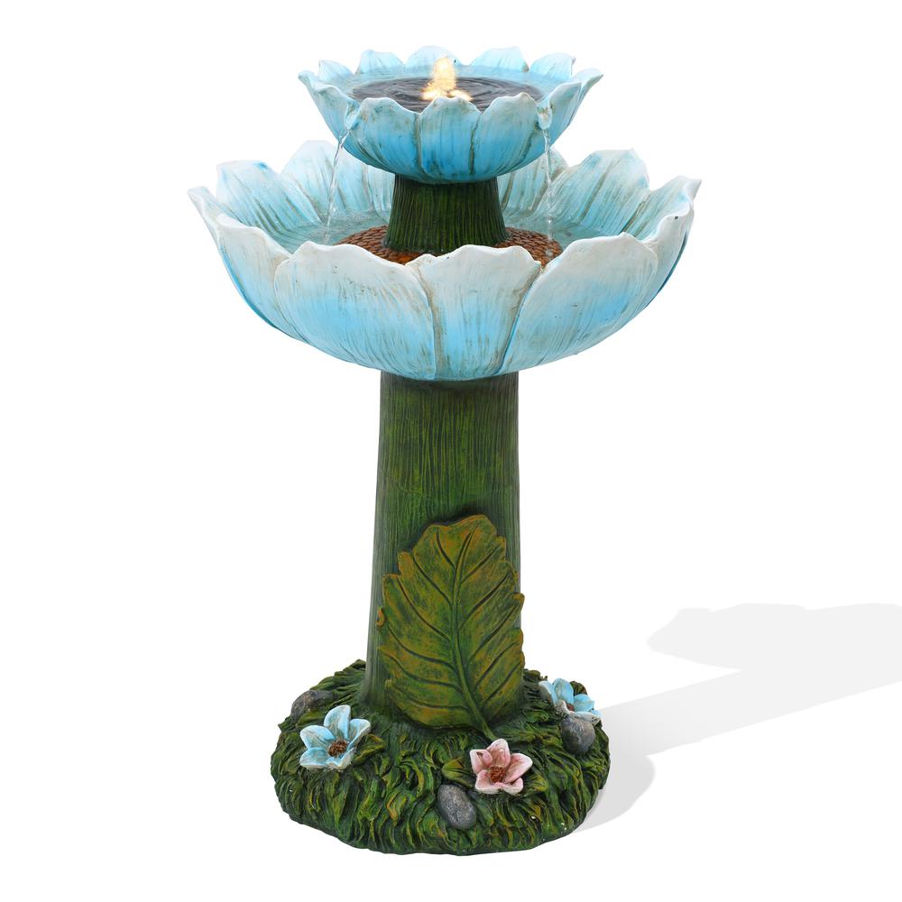 LuxenHome Solar Powered Blue Flower 2-Tier Resin Birdbath Fountain with Lights