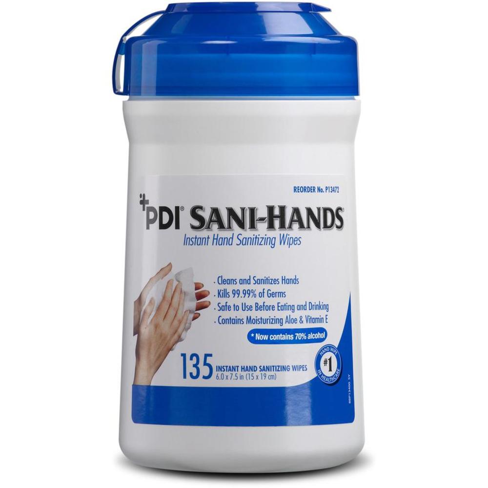 PDI Healthcare PDI Sani-Hands Instant Hand Sanitizing Wipes - 6" x 7.50" - White - 135 Per Canister - 12 / Carton