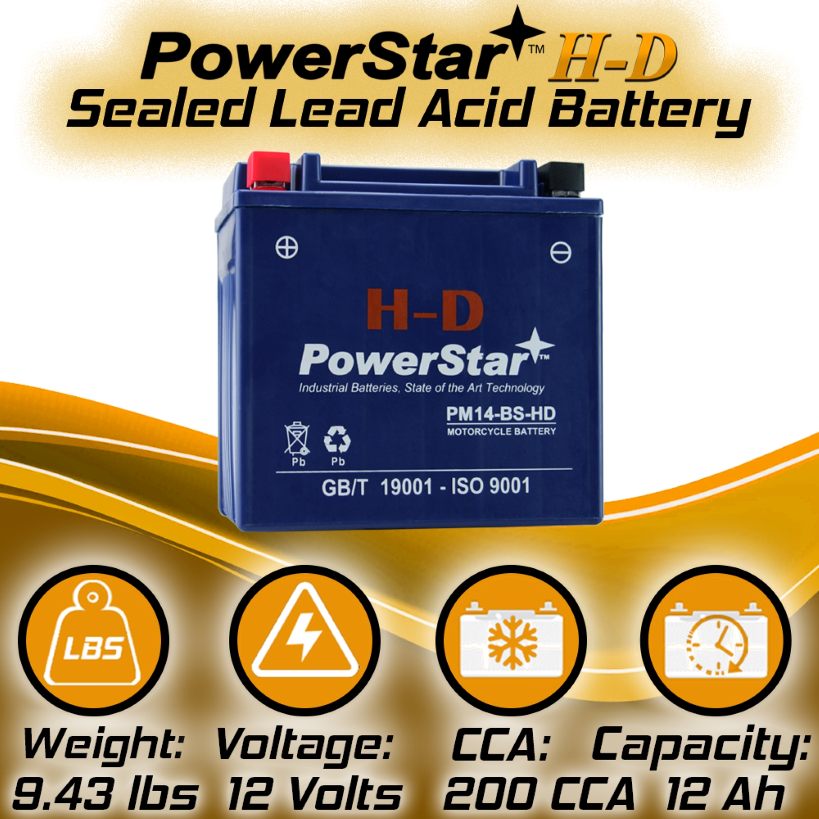 PowerStar H-D YTX14-BS Motorcycle Battery Compatible with Buell XB9S Lightning 2003 to 2004