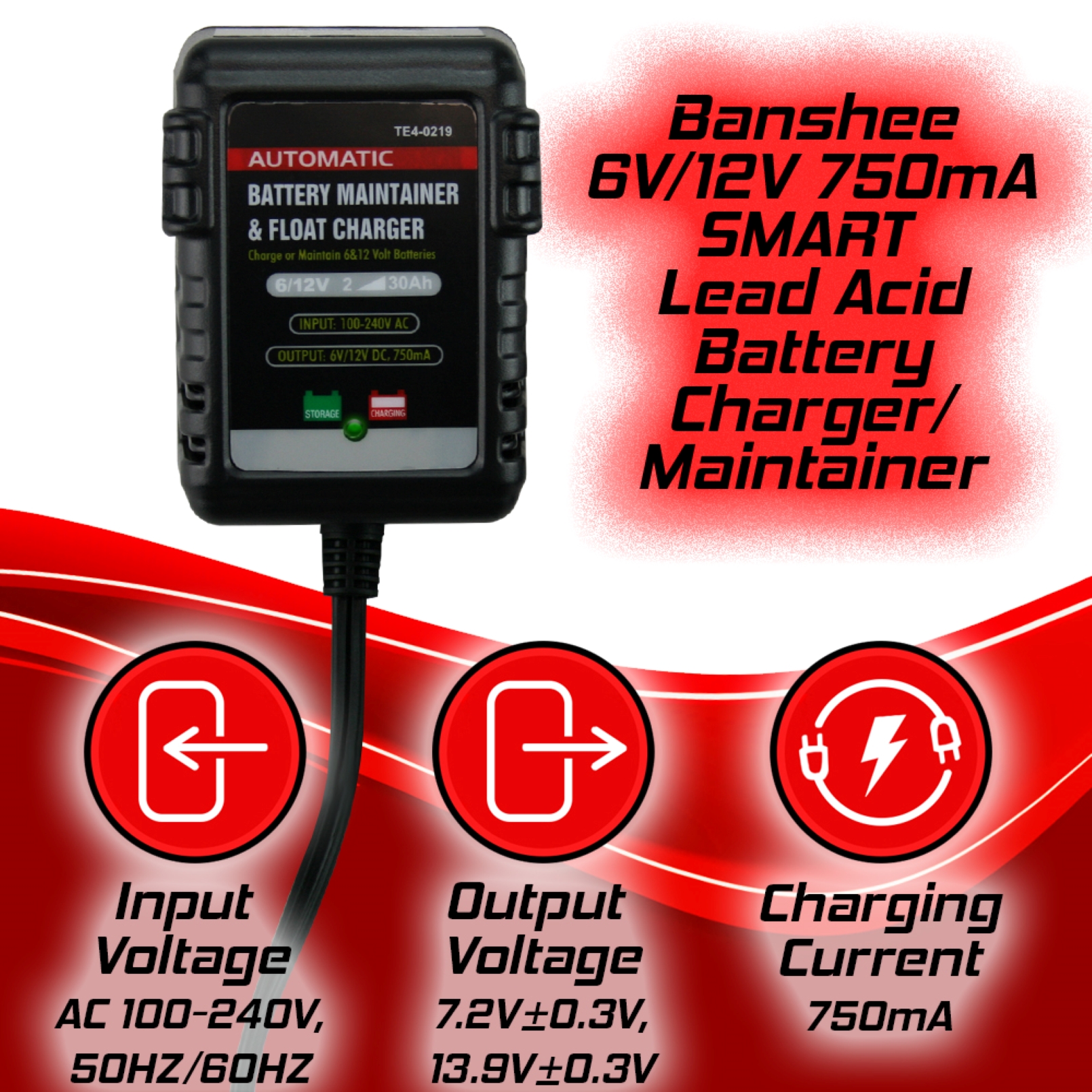 Banshee .75Amp Battery Charger Maintainer for 6V, 12V, SLA, AGM and Gel Batteries