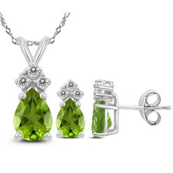Diamond Princess Genuine 2.45 Ctw Natural 7x5mm Pear Shaped Peridot With White Topaz Necklace & Earrings Set In 925 Sterling Silver.