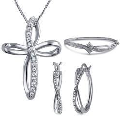 Diamond Princess Gorgeous 0.27 Carat Diamond Accent 3 Piece Criss Cross Hoop Necklace Earrings & Bangle Set In 14K White Gold Plated