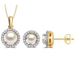 Diamond Princess Elegant 0.80 Ctw Created Round Shaped Pearl & White Sapphire Necklace And Earrings Set In 14K Yellow Gold Plated