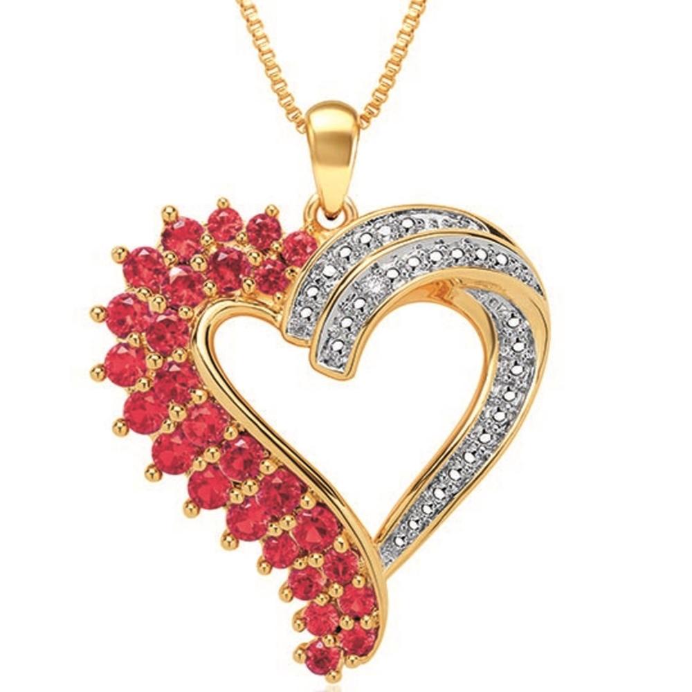 Diamond Princess Beautiful 2.57 Carat Created  Ruby with Natural Diamond Accent Heart Shaped Necklace In 14K Yellow Gold Plated.