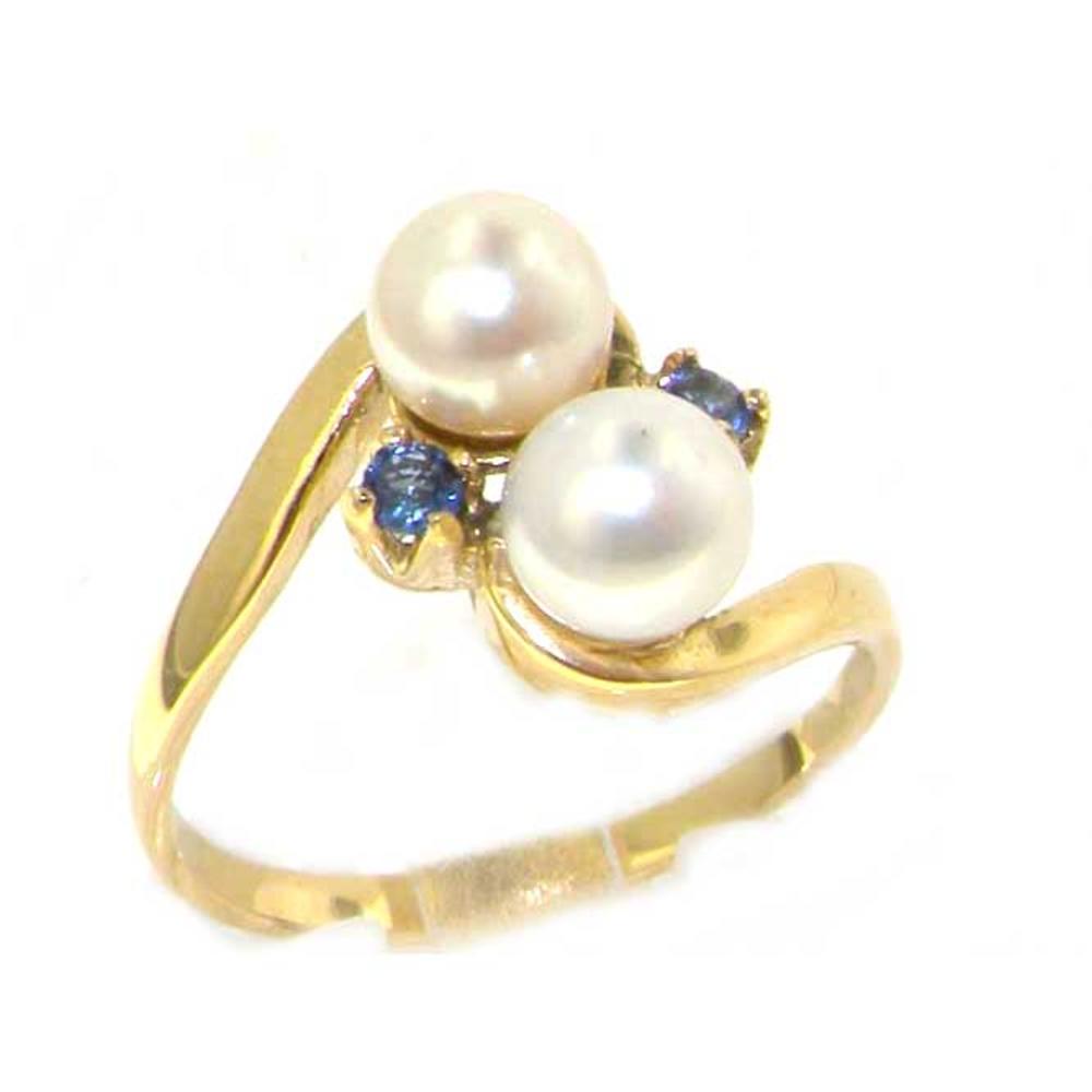 The Great British Jeweler 9K Yellow Gold Womens Lustrous Pearl & Ceylon Sapphire Swirl Ring - Finger Sizes 5 to 12 Available