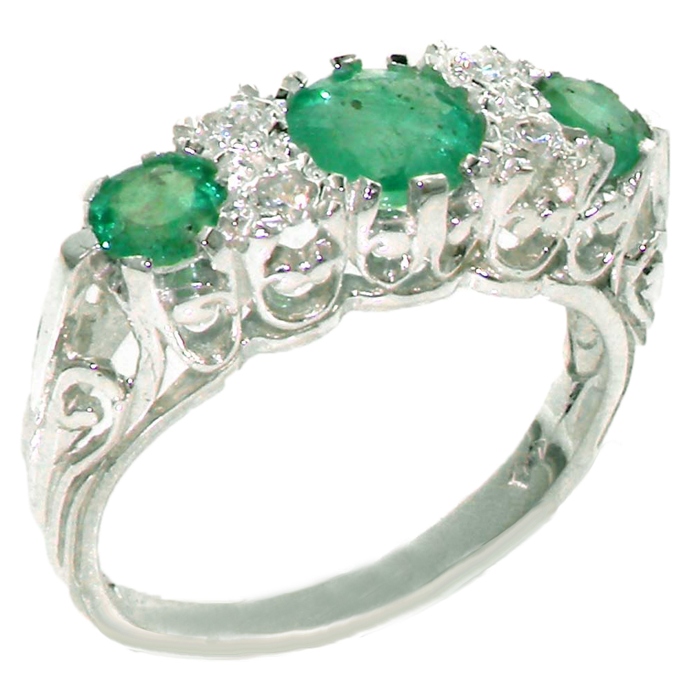 The Great British Jeweler Solid 925 Sterling Silver Womens Emerald & Diamond Band Ring - Finger Sizes 4 to 12 Available