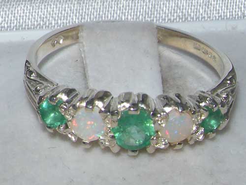 The Great British Jeweler Antique Style Solid Sterling Silver Natural Emerald & Opal Ring with English Hallmarks - Finger Sizes 4 to 12 Available