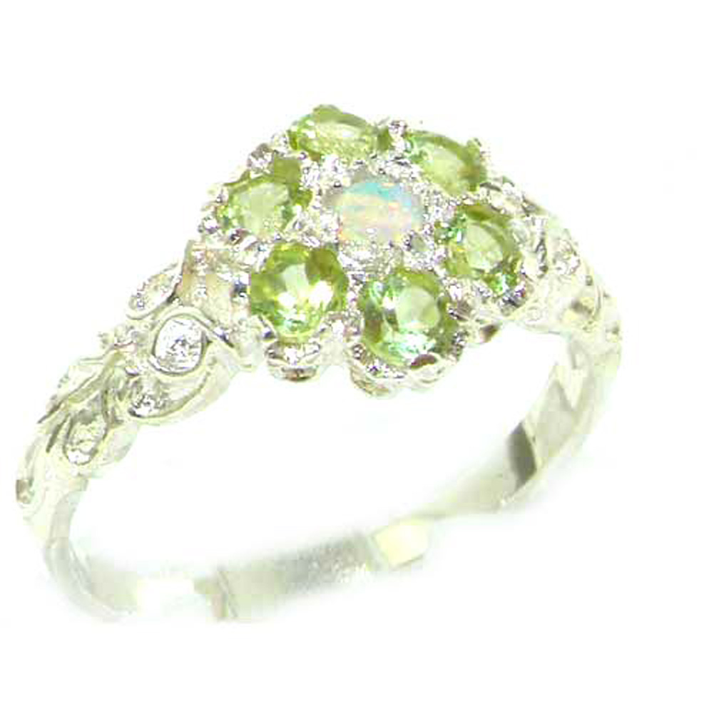 The Great British Jeweler Victorian Ladies Solid Sterling Silver Natural Fiery Opal & Peridot Daisy Ring - Finger Sizes 5 to 12 Available