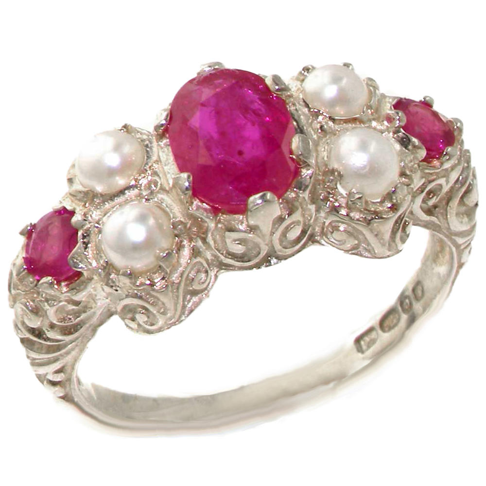 The Great British Jeweler Luxury Solid 925 Sterling Silver Natural Ruby & Pearl Victorian Ring - Finger Sizes 4 to 12 Available