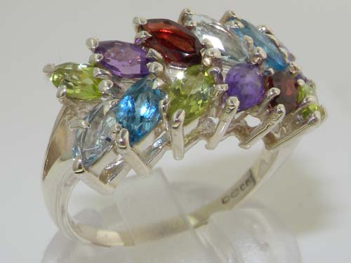 The Great British Jeweler Outstanding Solid Sterling Silver Natural Vibrant Multi Gemstone Large Womens Ring - Finger Sizes 5 to 12 Available