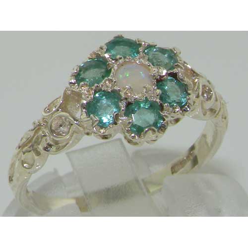 The Great British Jeweler Victorian Ladies Solid Sterling Silver Natural Fiery Opal & Emerald Daisy Ring - Finger Sizes 5 to 12 Available