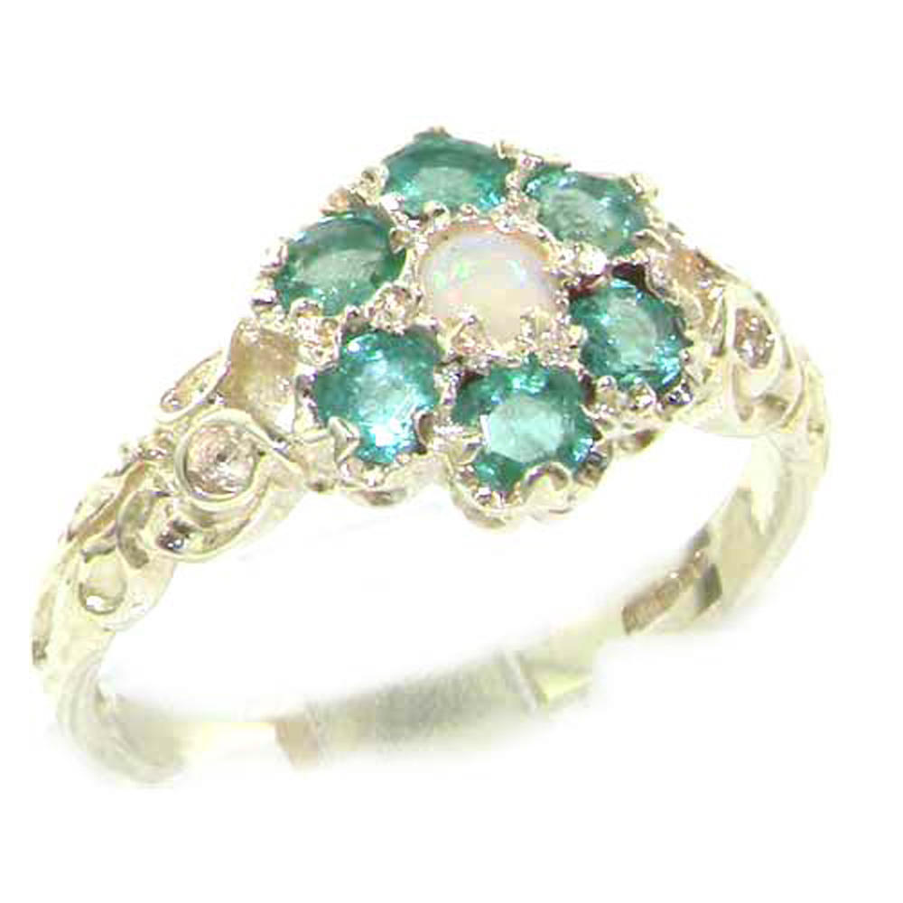 The Great British Jeweler Victorian Ladies Solid Sterling Silver Natural Fiery Opal & Emerald Daisy Ring - Finger Sizes 5 to 12 Available