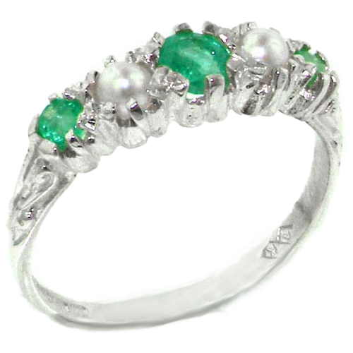 The Great British Jeweler Antique Style Solid Sterling Silver Natural Emerald & Pearl Ring with English Hallmarks - Finger Sizes 4 to 12 Available