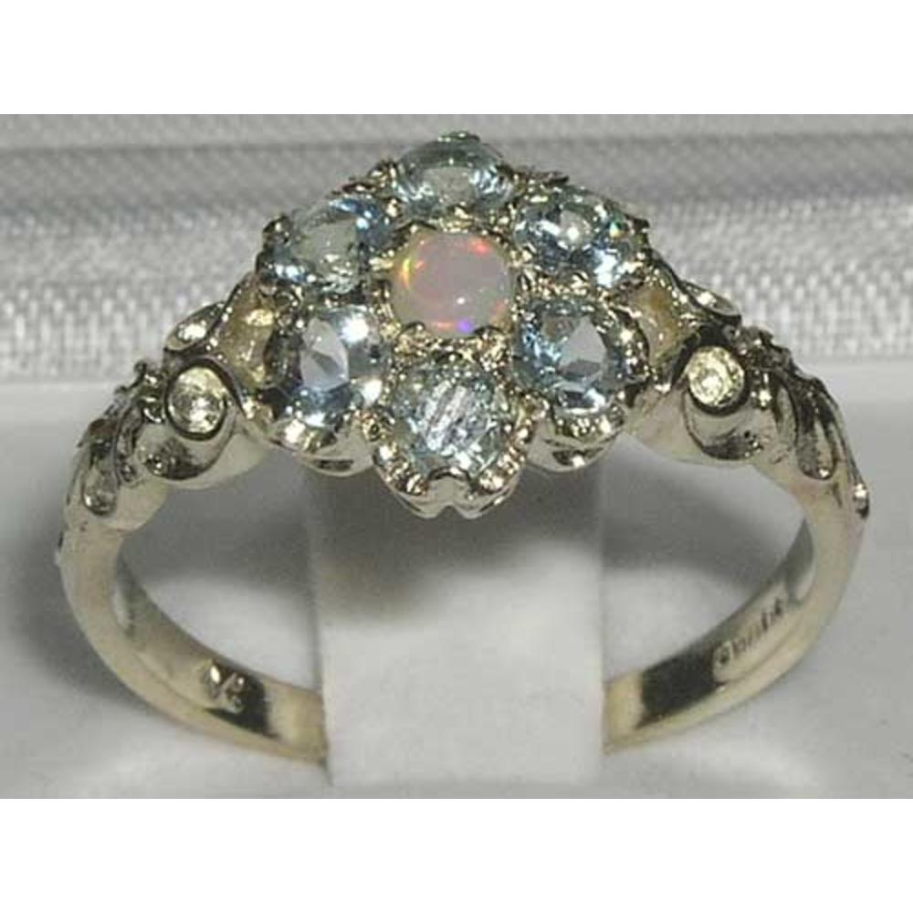 The Great British Jeweler Victorian Ladies Solid Sterling Silver Natural Fiery Opal & Aquamarine Daisy Ring - Finger Sizes 5 to 12 Available