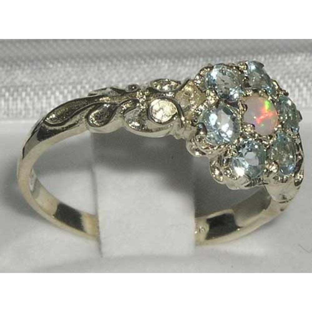 The Great British Jeweler Victorian Ladies Solid Sterling Silver Natural Fiery Opal & Aquamarine Daisy Ring - Finger Sizes 5 to 12 Available