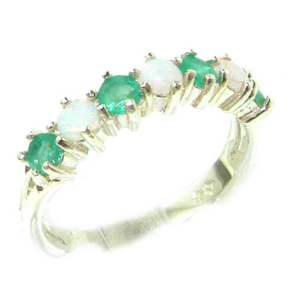 The Great British Jeweler High Quality Solid Sterling Silver Natural Opal & Emerald Eternity Ring - Finger Sizes 5 to 12 Available