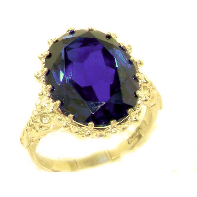 The Great British Jeweler Luxury Solid 14K Yellow Gold Large 16x12mm Oval 11ct Synthetic Blue Sapphire Ring - Finger Sizes 5 to 12 Available