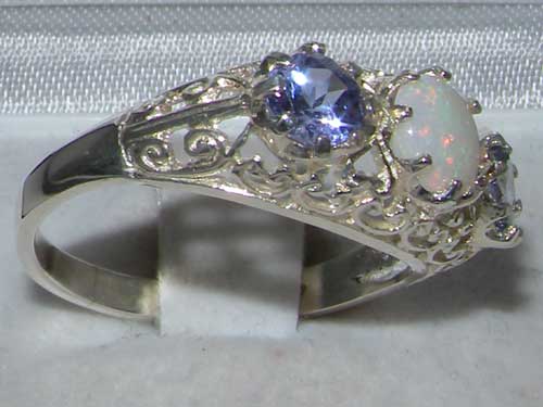 The Great British Jeweler Quality Solid 9K White Gold Genuine Opal & Tanzanite English Filigree Trilogy Ring - Finger Sizes 5 to 12 Available