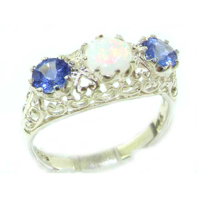 The Great British Jeweler Quality Solid 9K White Gold Genuine Opal & Tanzanite English Filigree Trilogy Ring - Finger Sizes 5 to 12 Available