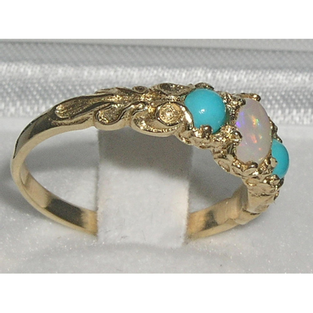 The Great British Jeweler Ladies Solid 14K Yellow Gold Natural Opal & Turquoise English Victorian Trilogy Ring - Finger Sizes 5 to 12 Available