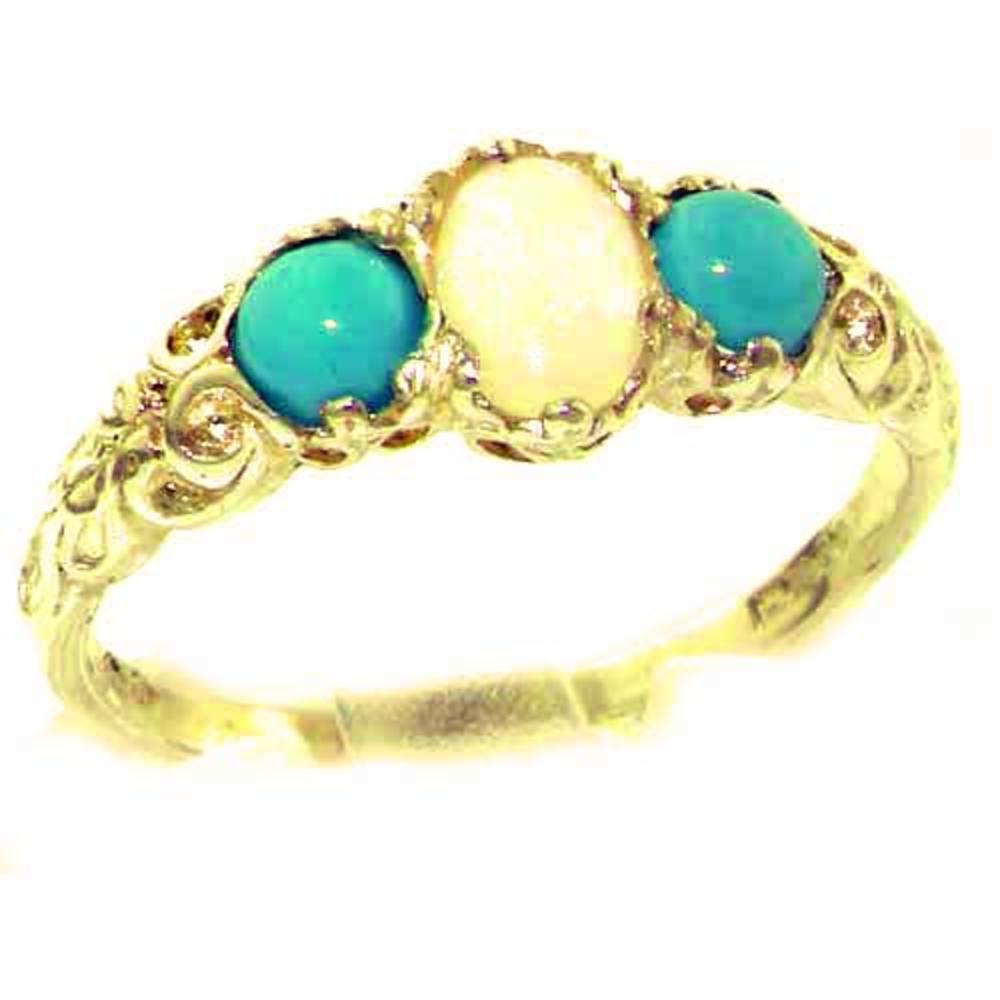 The Great British Jeweler Ladies Solid 14K Yellow Gold Natural Opal & Turquoise English Victorian Trilogy Ring - Finger Sizes 5 to 12 Available