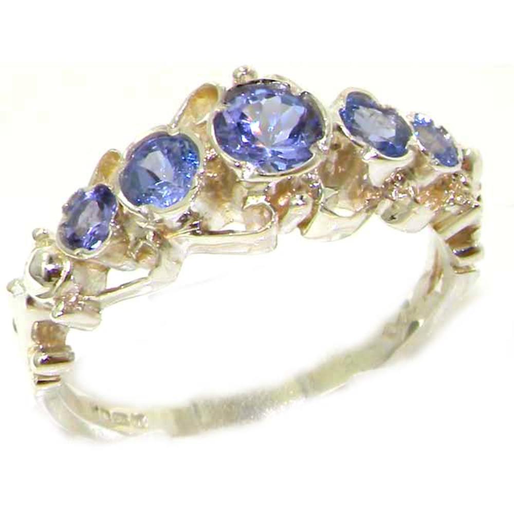 The Great British Jeweler Solid White 9K Gold Genuine Natural Tanzanite Ring of English Georgian Design - Finger Sizes 5 to 12 Available