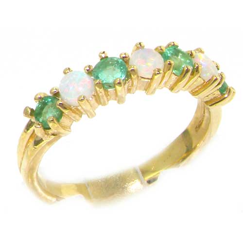 The Great British Jeweler Solid 9K Yellow Gold Ladies Colorful Fiery Opal & Emerald Anniversary Eternity Ring - Finger Sizes 4 to 12 Available