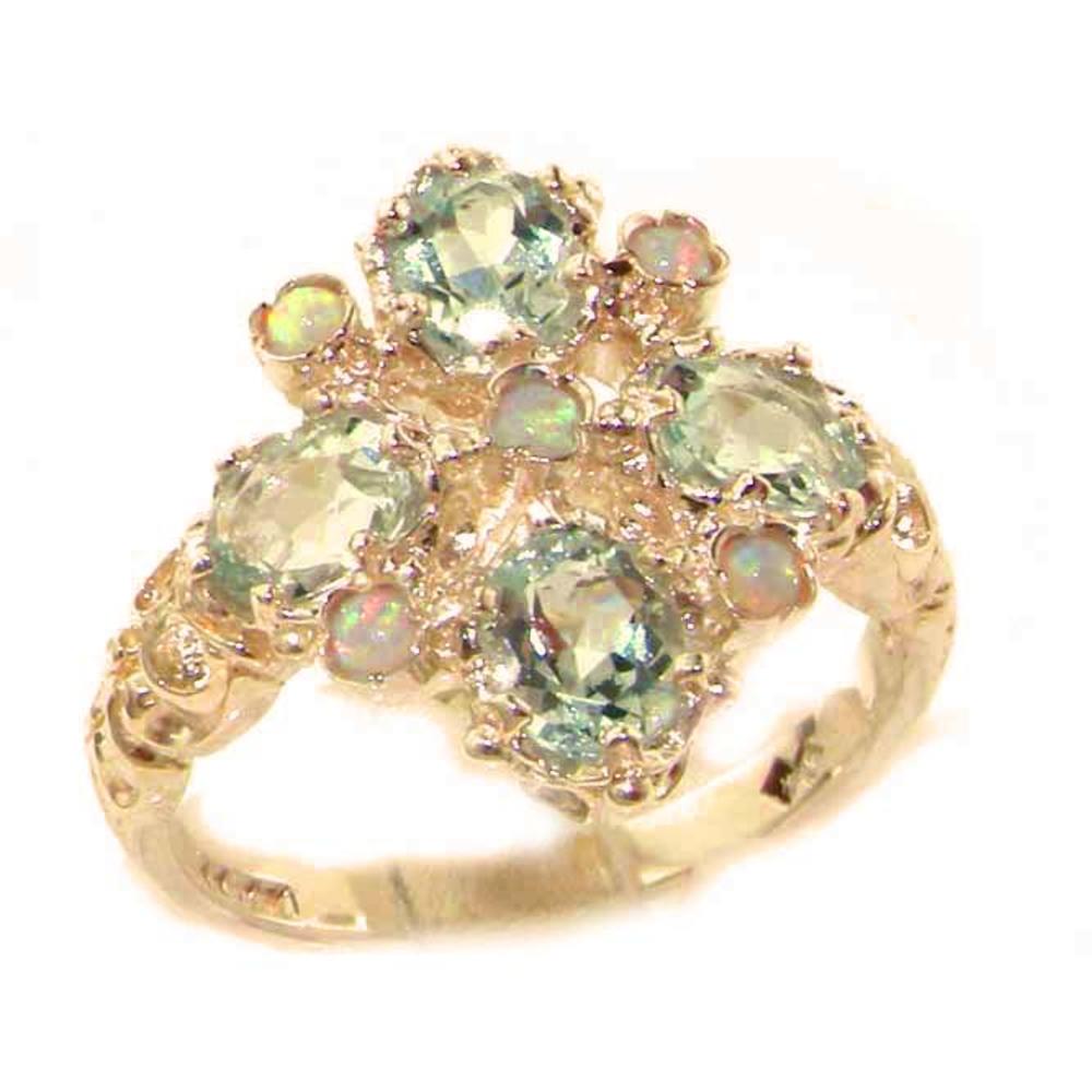The Great British Jeweler Luxury Ladies Victorian Style Solid Hallmarked Rose 9K Gold Natural Aquamarine & Fiery Opal Ring - Sizes 5 to 12 Available