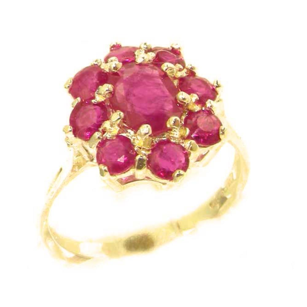 The Great British Jeweler Luxury Ladies Solid Yellow 9K Gold Genuine Natural Ruby Cluster Ring - Finger Sizes 5 to 12 Available
