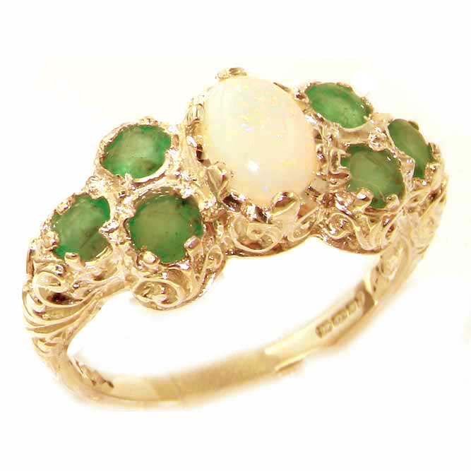 The Great British Jeweler Solid English Yellow 9K Gold Womens Large Opal & Emerald Art Nouveau  Ring - Finger Sizes 5 to 12 Available