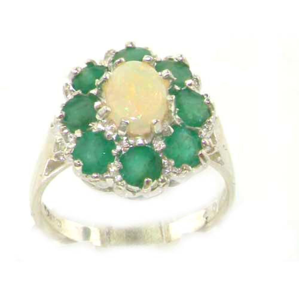 The Great British Jeweler Luxury Ladies Solid 14K White Gold Natural Opal & Emerald Large Cluster Ring - Finger Sizes 5 to 12 Available