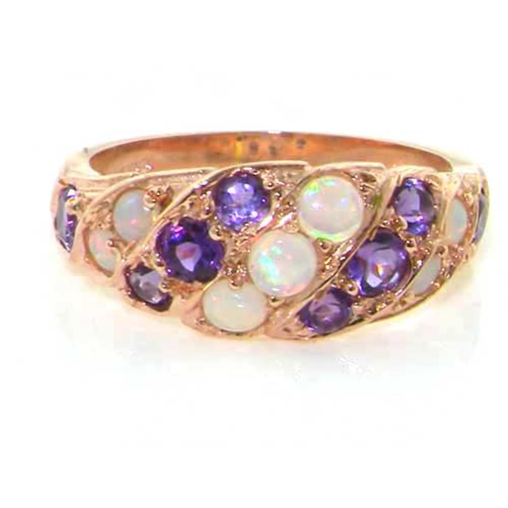The Great British Jeweler Luxury Ladies Solid Rose 9K Gold Natural Fiery Opal & Amethyst Band Ring - Finger Sizes 5 to 12 Available