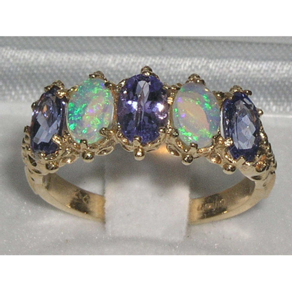 The Great British Jeweler Victorian Design Solid 14K Yellow Gold Tanzanite & Opal Band Ring - Finger Sizes 5 to 12 Available